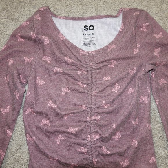 Girls Size Large 10/12 Butterfly Ruched Long Sleeve Top - Picture 2 of 4